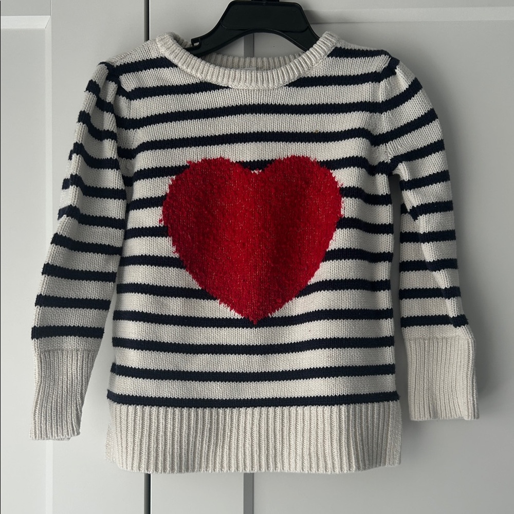 GAP Navy and White Striped crew neck Sweater with Red Heart 4T